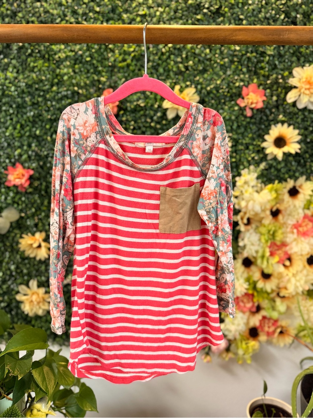 Moa Moa Pink & White Striped Raglan Top with Floral Sleeves